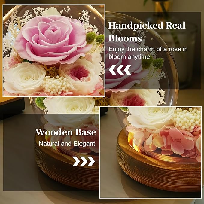 Preserved Flowers Birthday Gifts for Her Preserved Rose in Glass Dome Forever Fresh Flowers for Delivery Prime Eternal Pink Rose Gifts for Women Wife Mom Sister on Anniversary Valentines Day