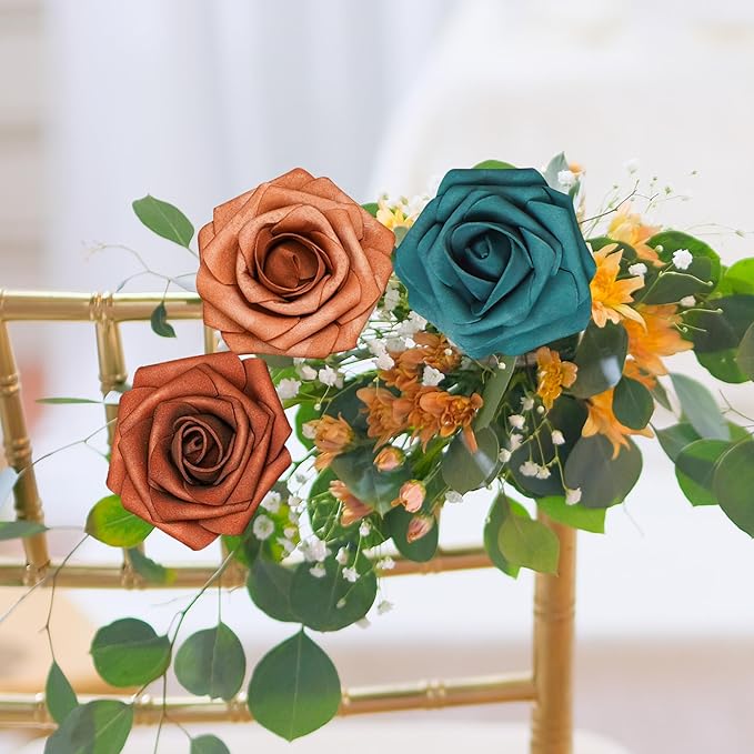 Artificial Flowers, 25pcs Artificial Rose for DIY Wedding Bouquets Centerpieces Arrangements,Shades of Terracotta and Dark Teal Foam Roses with Stem for Party Home Decorations