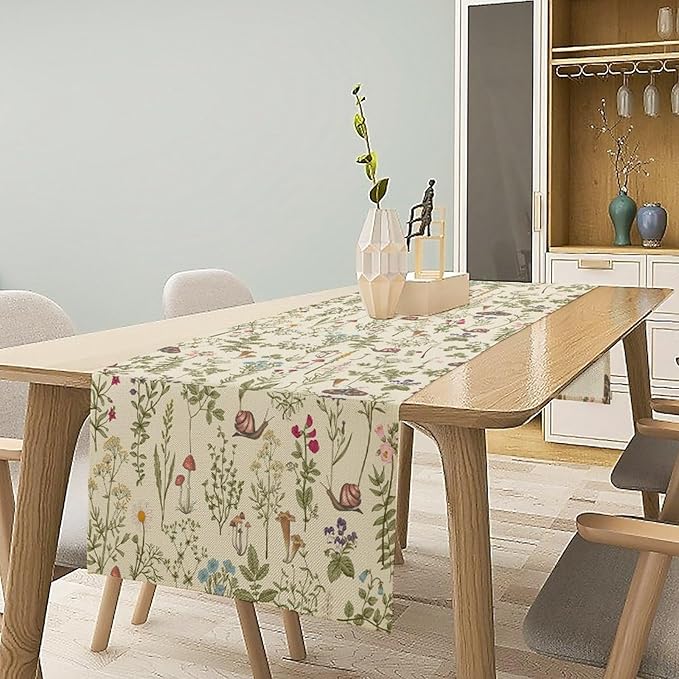 Vintage Mushroom Table Runner Rustic Farmhouse Wildflower Botanical Herbs Retro Boho Nature Plants Spring Summer Seasonal Dinner Runner for Kitchen Cabin Home Holiday Party 13x70in