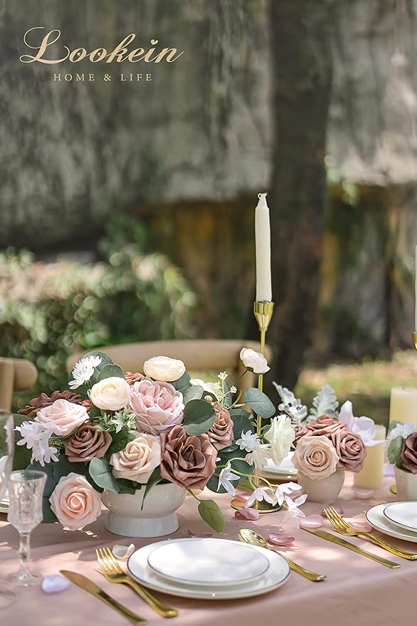 Lookein Artificial Flowers for DIY Wedding Decoration Bridal Bouquet Table Centerpieces Flower Wreaths Aisle Decoration Home Decor, Elegant Dusty Rose