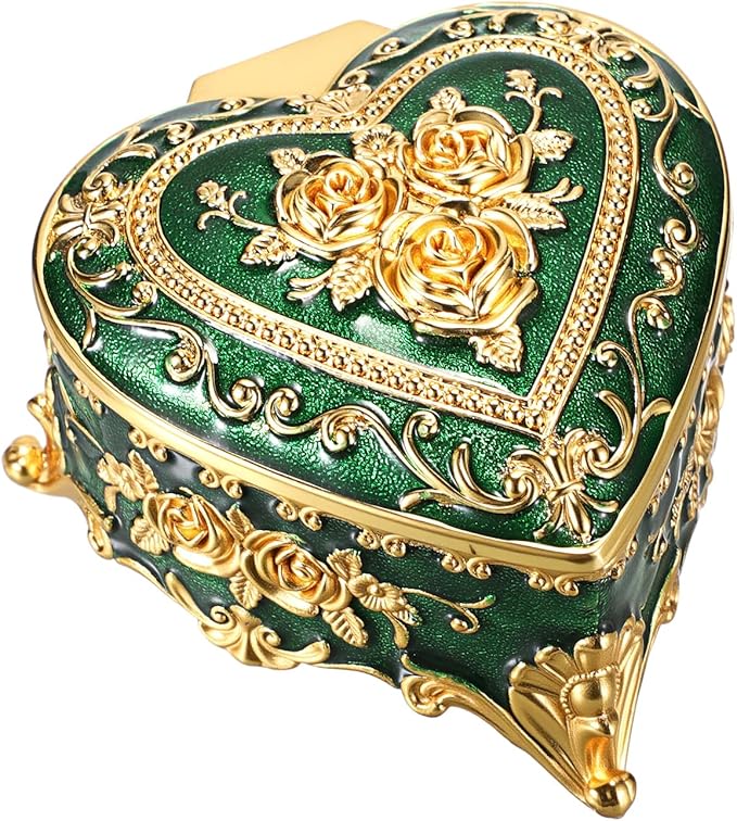 Hipiwe Vintage Jewelry Storage Box Heart Shaped Trinket Box Green Decorative Keepsake Box with Rose Pattern Treasure Organizer Holder for Women