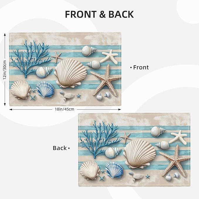 Summer Sea Shell Placemats Set of 6, Coastal Starfish Place Mats, Rustic Summer Ocean Dining Table Mats, Washable Placemats for Kitchen Dining Room 18L'' × 12W''