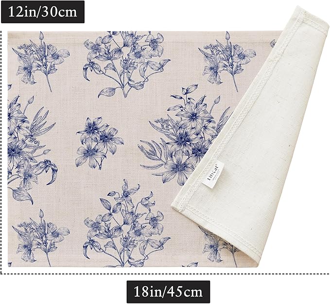 LilyCat Linen Fabric Blue Floral Placemats, Waterproof Durable Boho Dining Table Mats for Kitchen, Rustic Vintage Washable Place Mats Set of 4, 18’’× 12’’