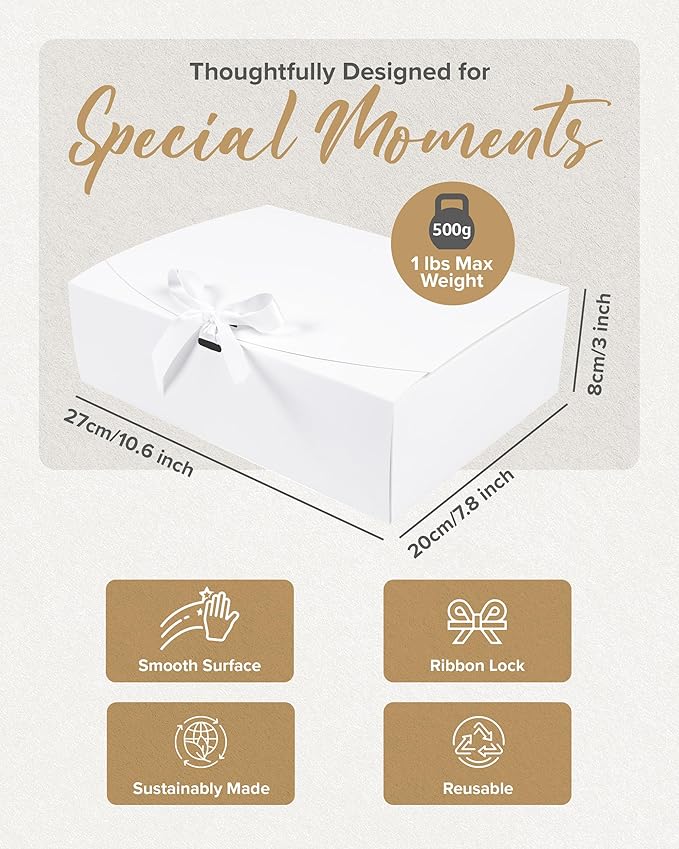HummingBox White Gift Box Set of 16 - Gift Boxes for Presents & gifting on weddings, birthdays & more - Easy to Assemble White Gift Boxes With Lids & Ribbon Closure - Decorative Boxes With Lids
