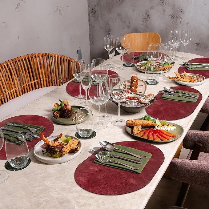 ADRIMER Placemats, Heat Resistant Oval Placemats Set of 8 Washable 12 x 17 Inch, Waterproof Table Mats, Wipeable Pu Place Mats for Kitchen, Dining Room, Wine Red