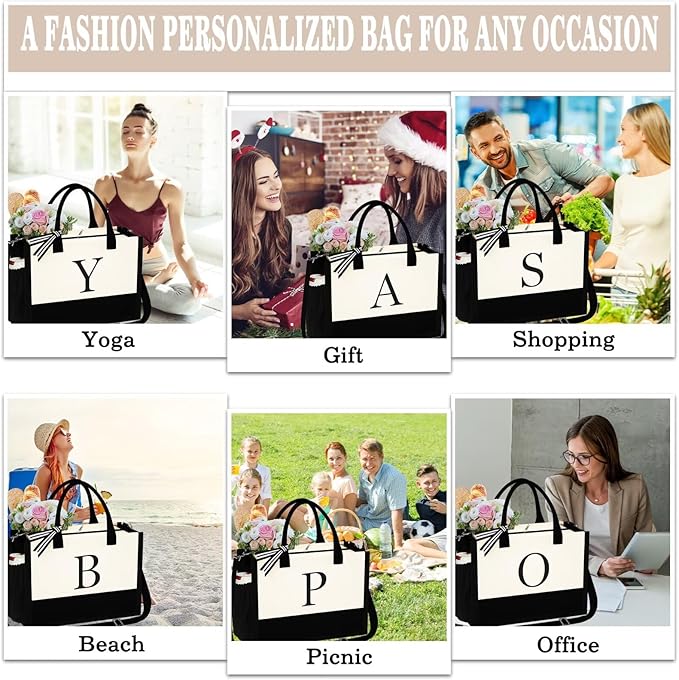 YOOLIFE Christmas Gifts for Women - Initial Tote Bag & Makeup Bag, Womens Christmas Stocking Stuffers Mom Wife Teacher Friend