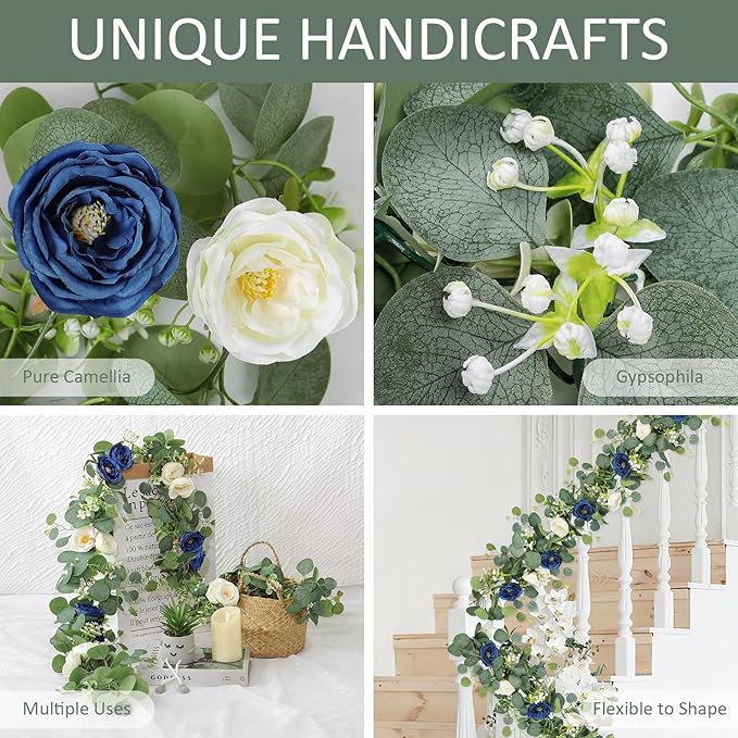 TOCHGREEN 4 Pack Artificial Eucalyptus Flower Garland with White and Blue Roses, Fake Rose Flower Greenery Garland Floral Vines for Wedding Home Party Table Runner Decor (Blue White, 4PCS)