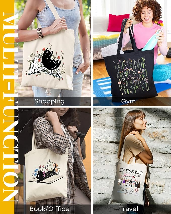 AUSVKAI Cute Book Canvas Tote Bag Aesthetic For Women Grocery Bag Cotton Beach Totes Gift-Black Cat Book