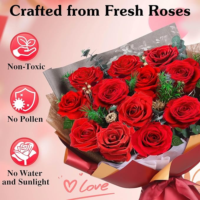 ADDWel 12 Preserved Red Roses Bouquet - Real Roses That Last 3+ Years, Romantic Christmas, Anniversary & Birthday Gifts for Wife, Girlfriend - A Dozen Flowers for Delivery, Present for Her, Mom