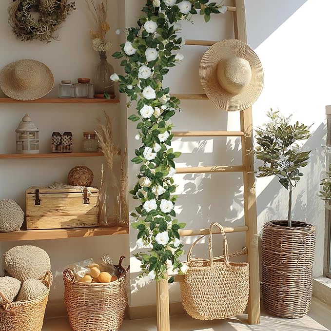 ZIFTY 5Pcs 32.5FT White Flower Garland Fake Vines Faux Artificial Floral Garland for Wedding Decortions Hanging Rose Ivy for Arch Garden Ceremony Background Outdoor Wall Decor