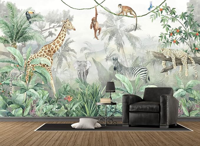 Kids Wallpaper Tropical Leves and Safari Animals Wall Mural for Wall Bedroom Living Room TV Background Sofa Wall（Not Peel and Stick）