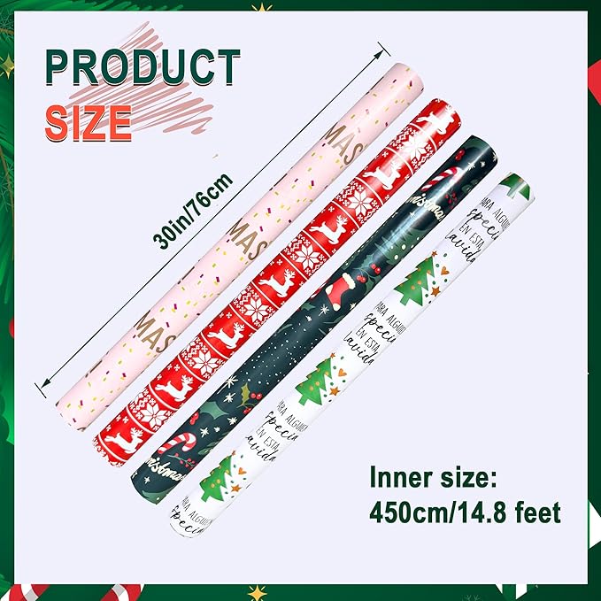 4 Rolls Christmas Wrapping Paper, 30 Inch x 14.8 Feet per Roll, Totaling 148 sq. ft. – Reindeer, Tree, Snowflake & Pink Letter Designs, Eco-Friendly & Durable Gift Wrap for Christmas Presents and Holiday Decorations