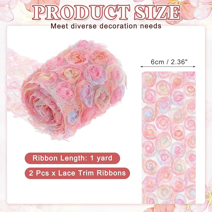 uxcell 2PCS Lace Trim Ribbon, 2.36 inch - 1 Yard 3D Rose Floral Embroidery Ribbons Edge Trimming for Sewing, Wedding Dress, DIY Crafts, Decoration Accessories, Pink Rose