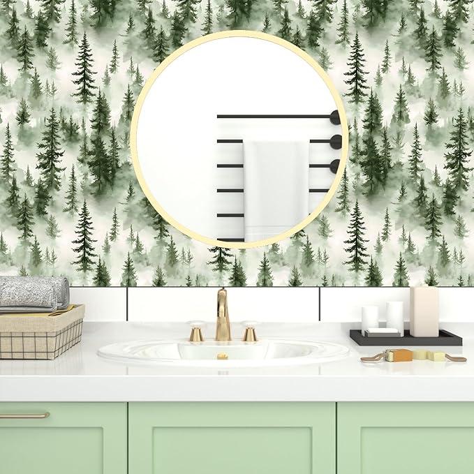 Foggy Forest Wallpaper Peel and Stick,Green Pine Trees Contact Paper,Misty Woodland Landscape Wall Paper Mural Self Adhesive Waterproof Removable for Bathroom Shelves Cabinet Drawer Table 17.5" x 118"