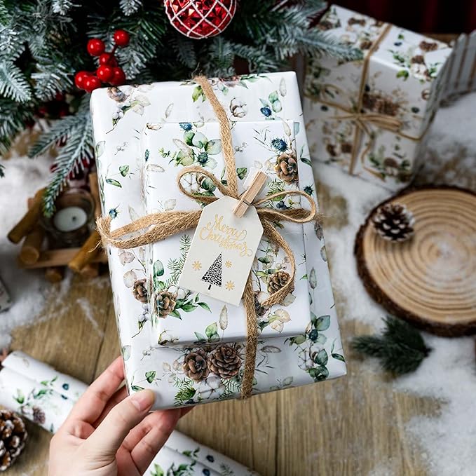MAYPLUSS Christmas Wrapping Paper Roll - 17 In x 33 Feet - Cute Watercolor Christmas Pinecone Gift Wrap Paper for New Year, Holiday, Kids