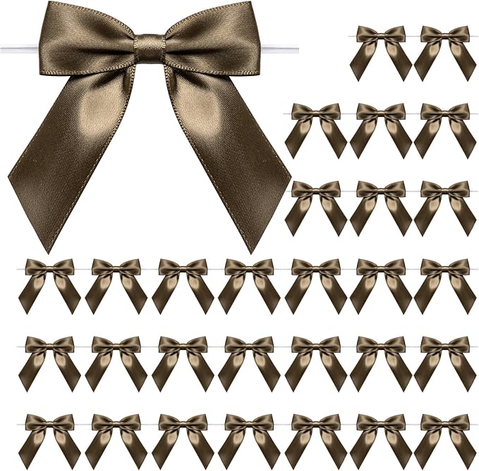 WRAPAHOLIC 30 Pcs 3" Brown Satin Ribbon Bows with Twist Tie - Pretied Premade Craft Bows for Christmas Party Crafts Treat Bags Gift Wrapping Wedding Birthday Baby Shower