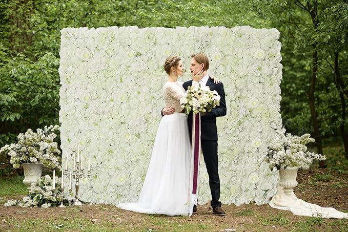 White Artificial Flower Wall Backdrop: 7.5ftx3.74ft Roses Wall Background Panels 3D Floral Wall Decor for Wedding Anniversary Party
