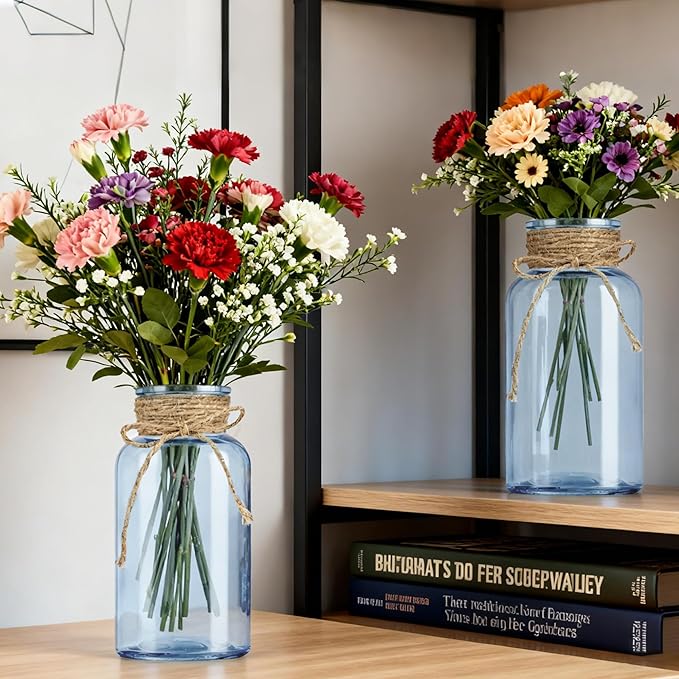 Vintage Glass Flower Vase，6 Pack Blue Farmhouse Glass Centerpiece Vases Mason Jars for Weddings, Parties & Home Decor Bulk (6, Blue)