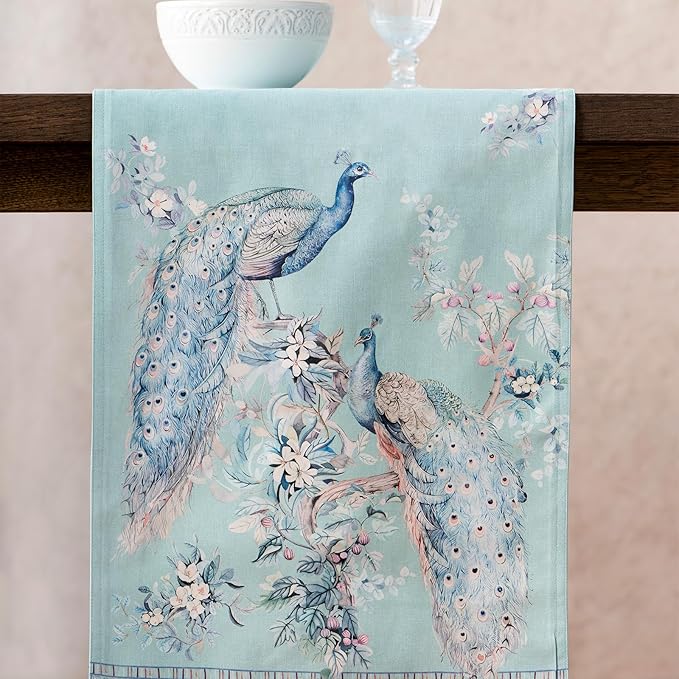 Maison d' Hermine Tablerunners 100% Combed Cotton Premium Table Runner Decorative Table Cover, Kitchen, Parties, Peacock Utopia - Pastel Turquoise, Double Layer - (14.5"x108")