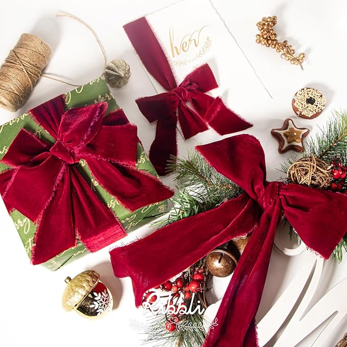 Ribbli Burgundy Velvet Ribbon 1.5 Inch Handmade Frayed Vintage Christmas Ribbon for Gift Wrapping Christmas Tree Ornament Wreath Craft Home Decor -3 Yards