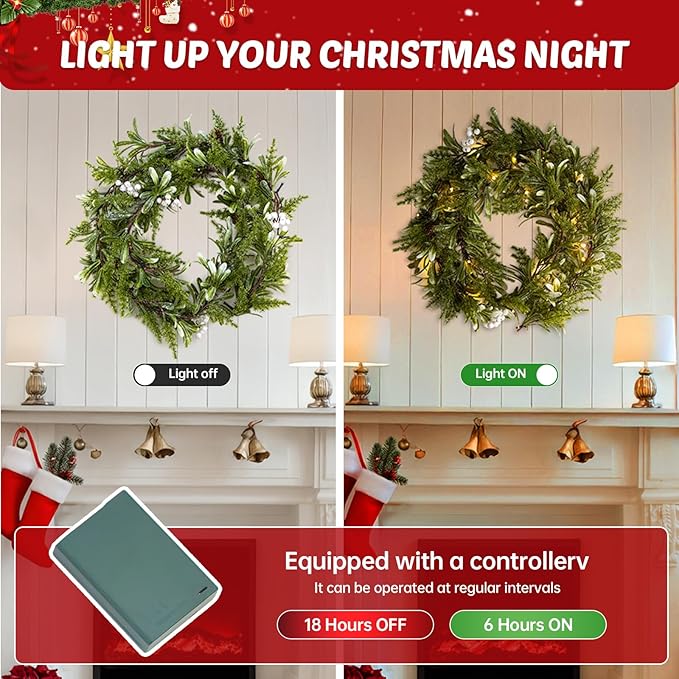 6FT Christmas Garland – Artificial Greenery Olive Garland with White Berries, Pinecones & 20 Warm LED Timer Lights – Holiday Garland for Home, Wedding, Party Decorations