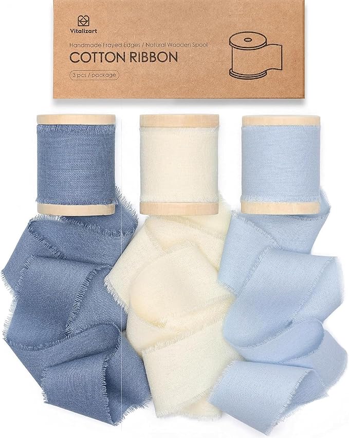 Vitalizart 100% Cotton Ribbon 1-1/2" x 15 Yd Blue & White Handmade Frayed Fringe Fabric Ribbons for Gift Wrapping Wedding Invites Bridal Shower Bouquets Christmas Decorations