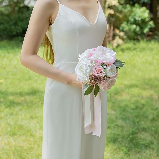 ponatia Blush Pink Wedding Bouquets for Bride Bridesmaid, Ivory Artificial Roses Flowers for Wedding Bouquets Ceremony, Anniversary