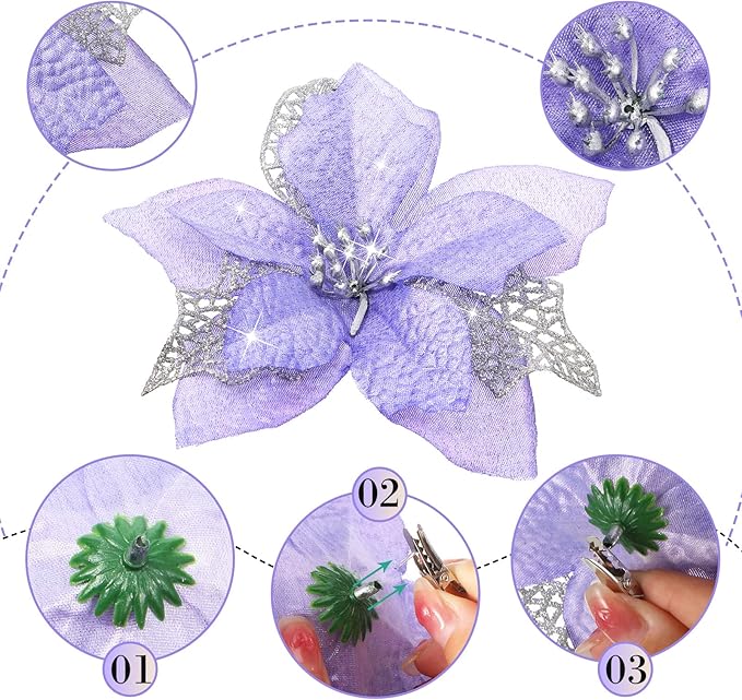WILLBOND 36 Pieces Christmas Poinsettia Glitter Faux Flowers Christmas Artificial Flowers Tree Ornaments Topper Xmas Decorations(Purple)