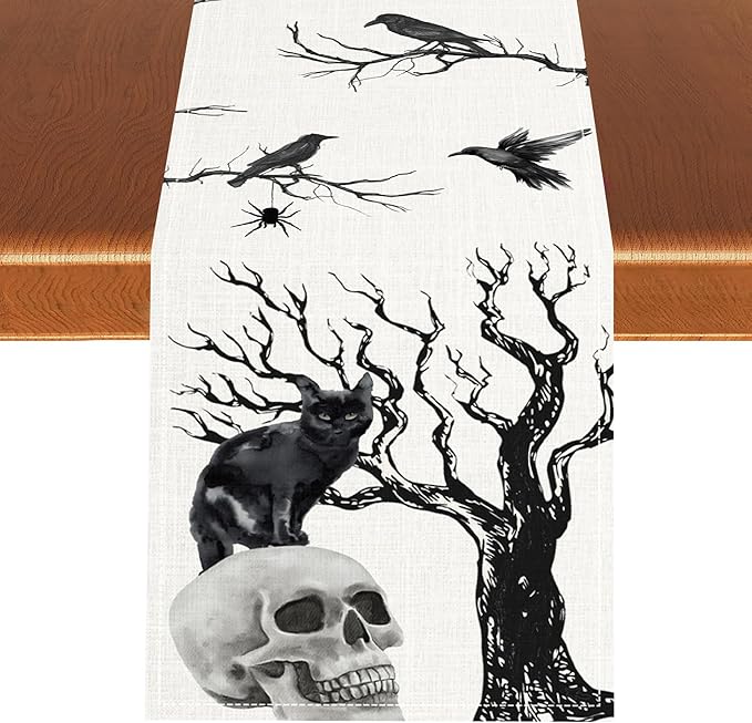 Gothic Table Runner, Black Cat Day of Death Crow Skull Halloween Witchy Retro Coffee Table Center Decor for Home Kitchen Dining Patio Holiday Party Table Decorations 13x72 inches