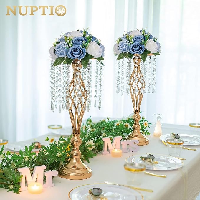 NUPTIO Wedding Floral Centerpieces for Tables: Dusty Blue & White Fake Flower Ball for Weddings Party - 2 Pcs Artificial Rose Arrangements for Birthday Bridal Shower Decorations