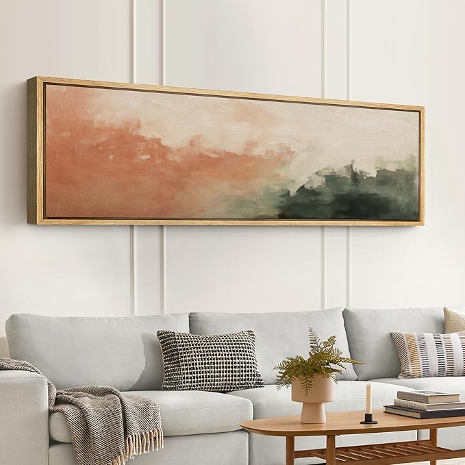 SIGNFORD Large Framed Canvas Print Wall Art Blush and Green Abstract Brushstroke Illustrations Modern Art Relax/Calm Warm for Living Room, Bedroom, Office - 60"x20"