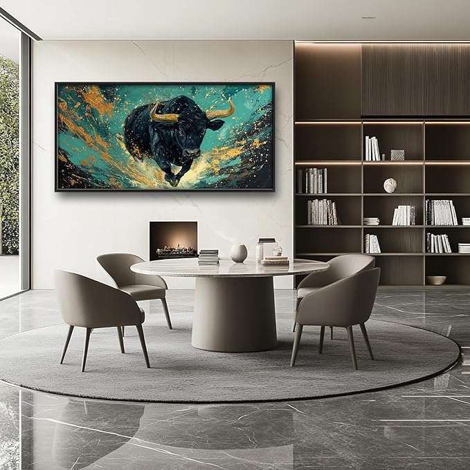Large Highland Cow Wall Art for Living Room, Framed Oversized Bison Buffalo Wall Decor, Teal and Gold Canvas Painting Modern Artwork for Living Room Bedroom Office Dining Room 60"x30"