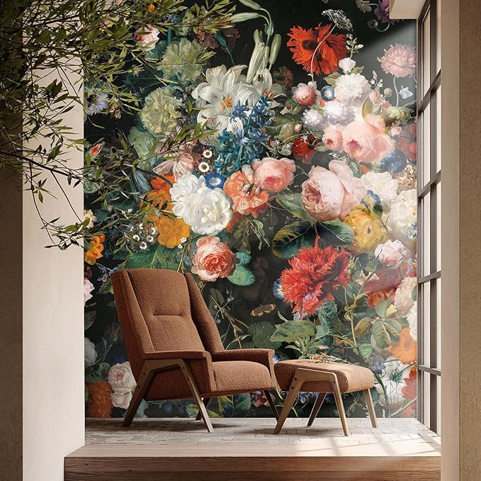 Zeeko Dark Floral Wallpaper Peel and Stick 148" W x 98" H Waterproof Canvas Fabric Vintage Moody Large Wall Mural Self Adhesive Removable Wall Paper for Bedroom Living Room Art Deco
