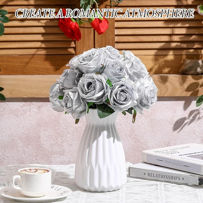 Hotop 20 Pcs Artificial Rose Flowers with Long Stem,Real Touch Silk Realistic Plastic Bouquet Roses Bulk for Home Decor Bridal Wedding Party Table Centerpieces Decorations (Silver)