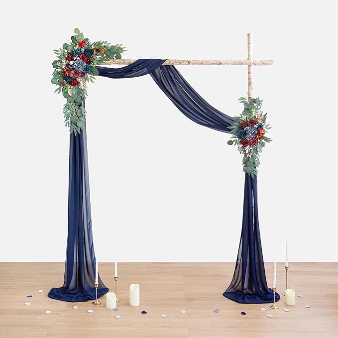 ponatia Artificial Navy Blue Wedding Arch Flowers Kit, Burgundy Flowers with 26Ft Navy Blue Arch Draping Fabric, Flowers for Wedding Arch Ceremony Reception Backdrop Decoration