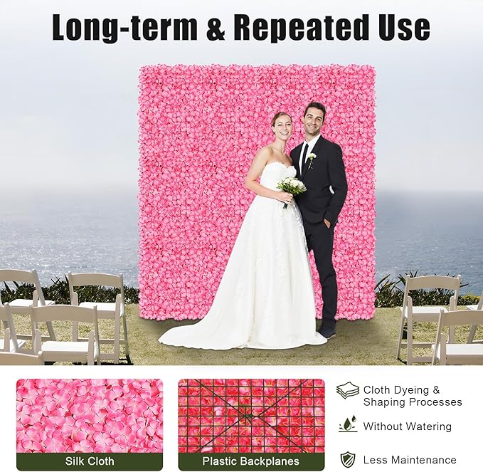 Flower Wall Panels, 10Pcs Artificial Flower Wall 3D Flower Wall Backdrop Pink Silk Rose Floral Decorative Faux Flower Wall Background for Wedding Home (Pink,15.7 * 23.6 in)