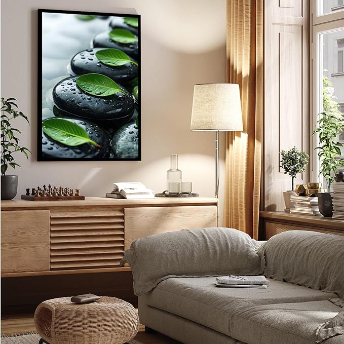 Glittering black stone cluster with fresh green leaves and water drops poster tranquil mist rain wall art zen wall art suitable for modern minimalist home decor 24x36in Metal blackFramed