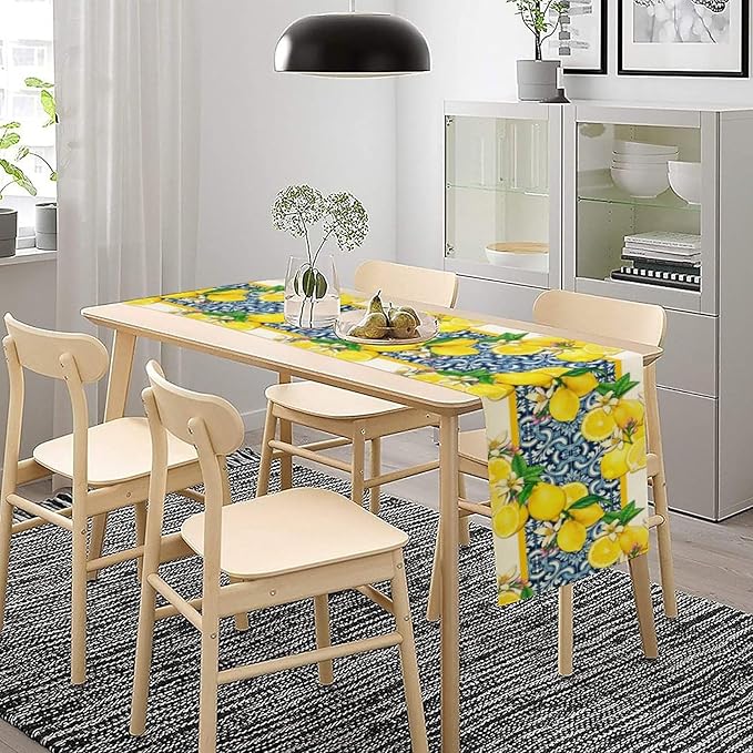 Lemon Table Runner ,Summer Blue Tiles Lemons Kitchen Dining Table Decoration Lemons Table Cover for Indoor Outdoor Home Party Decor, 13 x90 Inch