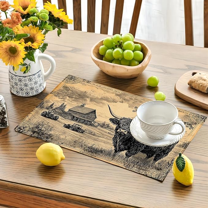 Farmhouse Highland Cow Placemats Set of 6, Country Barn Place Mats, Rustic Black and White Dining Table Mats, Washable Placemats for Kitchen Dining Room Home Decor 18L'' × 12W''