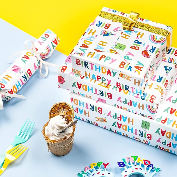 WRAPAHOLIC 30 Inch Birthday Wrapping Paper Roll - Happy Birthday Wrapping Paper for Holiday, Party, Baby Shower - 30 Inch x 33 Feet