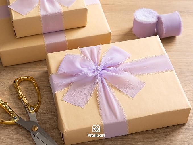 Vitalizart Lavender Purple Handmade Chiffon Silk Ribbon Fringe 3 Rolls 1.5" x 21 Yd Lilac Frayed Edges Ribbons for Wedding Invitations Bridal Bouquets Gifts Wrapping Crafts Holiday Decor
