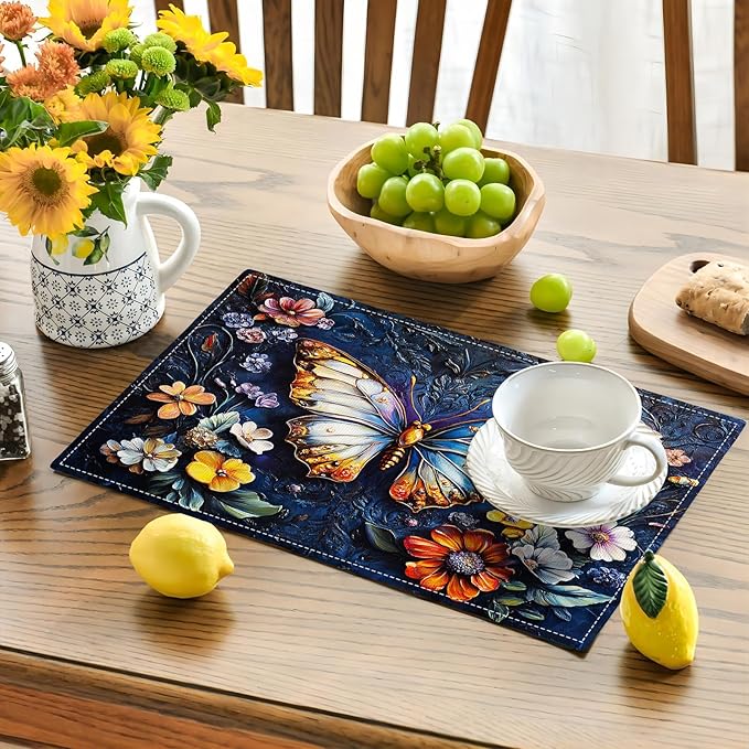 Colorful Butterfly Placemats Set of 6, Spring Place Mats, Florals Dining Table Mats, Rustic Washable Placemats for Kitchen Dining Room Home Decor 18L'' × 12W''