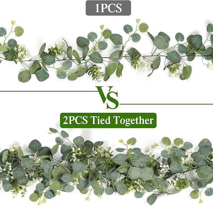 TOCHGREEN 4 PCS Artificial Eucalyptus Garland 5.9FT Faux Silver Dollar Greenery Garland Vines with White Flower Boxwood Fake Hanging Plants for Wedding Home Party Table Mantle Wall Decor