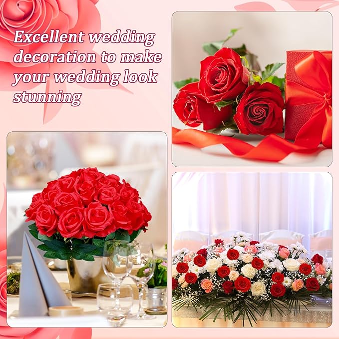 30pcs Fake Roses Artificial Silk Flowers Long Stems Bouquet for Wedding Bridal Shower Party Home Decoration (Red)