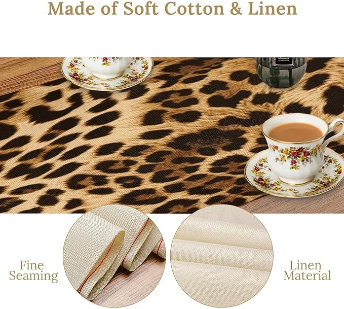 Leopard Skin Print Table Runner, Vintage Cottage Country Farmhouse Wildlife Safari Animal Skin Dinner Runner for Home Kitchen Dining Table Party Holiday Decor 13x36in