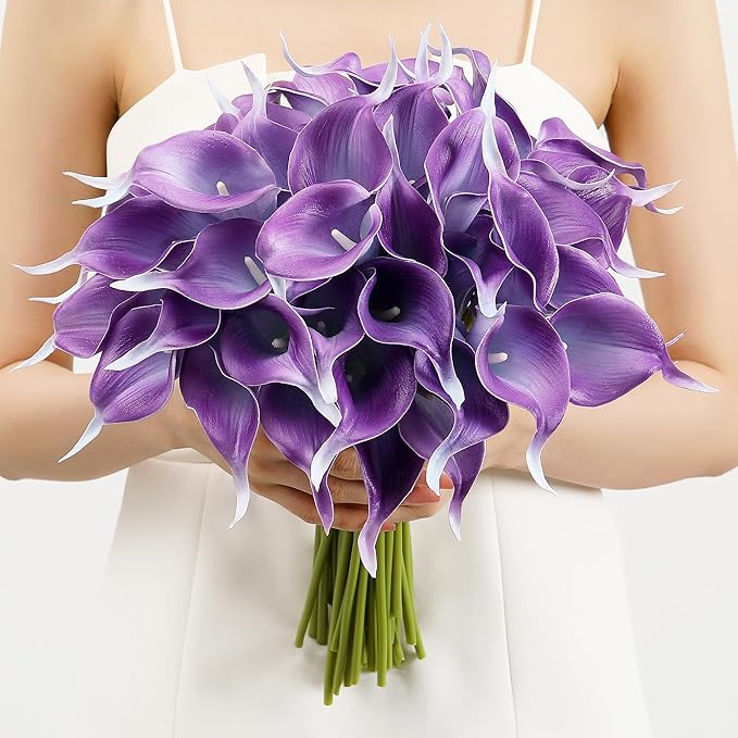 SITUMEIZI 24 PCS Purple Fake Flowers Artificial Calla Lily Silk Flowers Real Touch for Mother's Day Easter Home Kitchen Decor Wedding Bouquet Office Spring Decoration