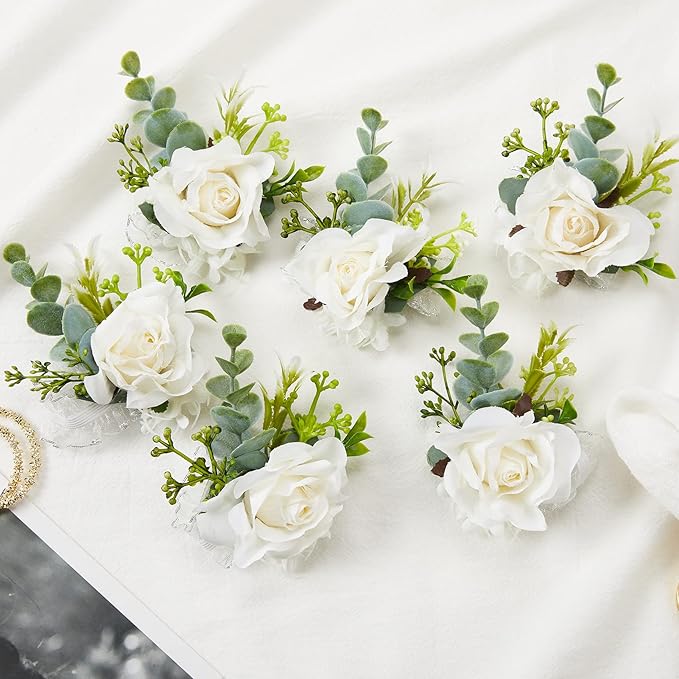 Meldel White Ivory Rose Wrist Corsage Boutonniere for Men Wedding Wrist Flower Corsage Hand Flower for Bride Bridesmaid Prom Decor Paty Girl