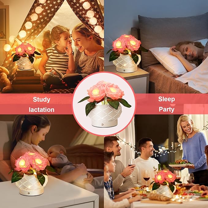 Roses Flower Touch Table Lamp,Rechargeable Cordless 3-Colour Dimming Small Night Light for Festival Housewarming Home Decor Birthday Gifts for Bedroom, Living Room Dining Room