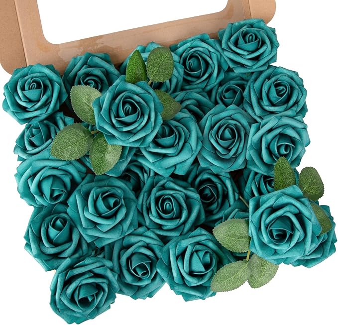 MACTING Artificial Rose Flowers 30PCS Real Touch Fake Flowers with Stem Foam Roses for DIY Wedding Bouquets Table Centerpieces Floral Arrangements Party Home Spring Valentines Day Decor,Peacock Green