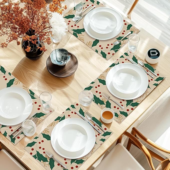 Beige Christmas Placemats Set of 4, Berries Dining Mat Cotton Linen Waterproof Table Mats Decor Fabric for Christmas Holiday Kitchen Dinner Table, Washable Wipeable Placemat -N039